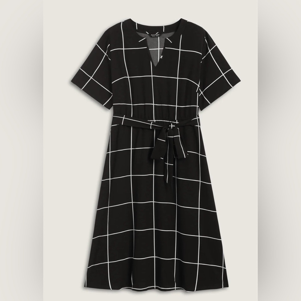 NW TBloomchic Women's Checkered Print Belted Pockets Midi Dress Color Black18-20
